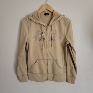 BCBGMAXAZRIA cream tan silver full zip up hoodie with rhinestone horse logo Y2k